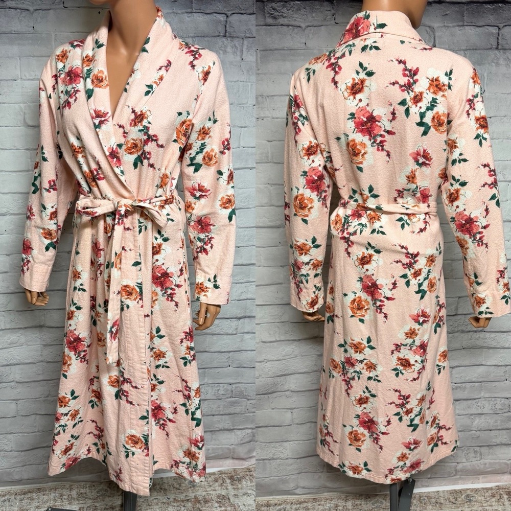 Garnet Hill Robe XS Orange Floral Organic‎ Cotton Heritage Flannel Pockets Cozy